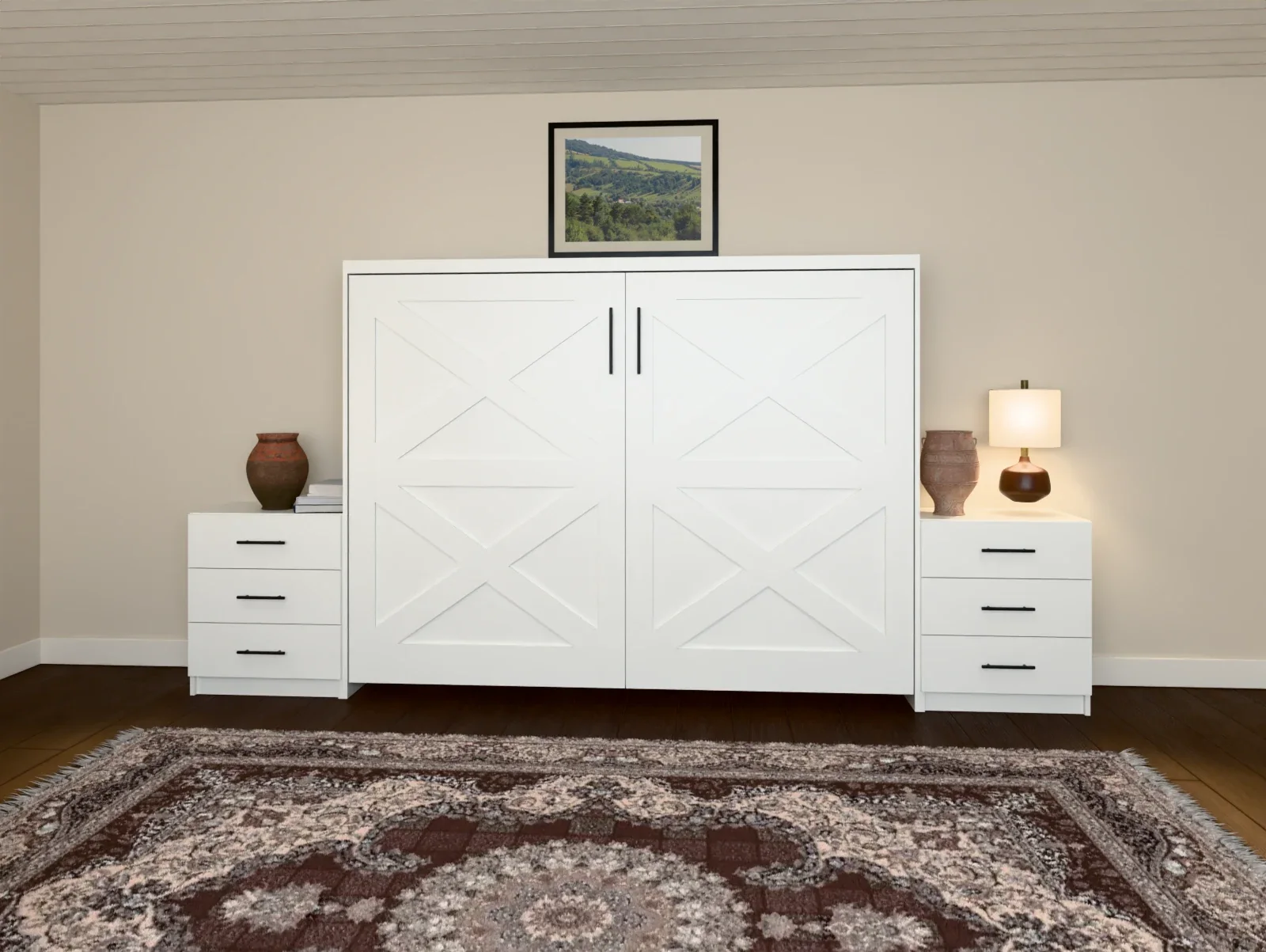 Pure White Barn Door X Horizontal Murphy Bed, closed, between two side cabinets in a furnished bedroom (rendered)