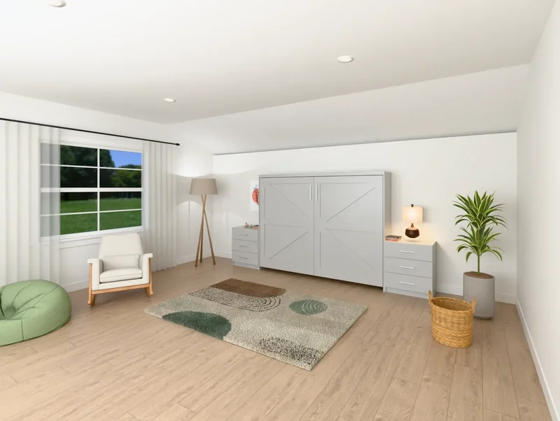 A horizontal Barn Door Murphy bed in Light French Gray, closed, between low side cabinets in a living room (rendered)