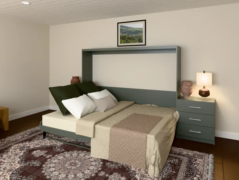 A horizontal Double Shaker Murphy bed in Pewter Green, lowered and made up in a bedroom (rendered)