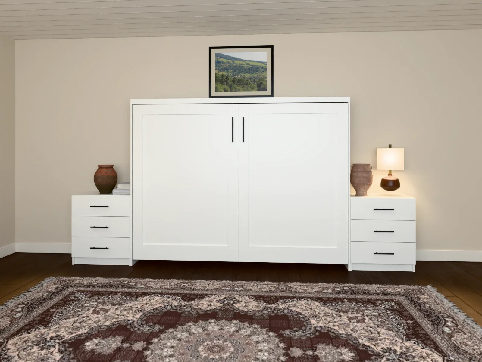 Pure White Double Shaker Horizontal Murphy Bed, closed, between two side cabinets in a furnished bedroom (rendered)