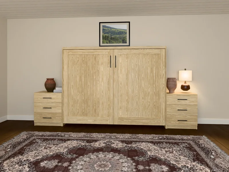 A horizontal Double Shaker Murphy bed in unfinished white oak, closed, in a bedroom (rendered)