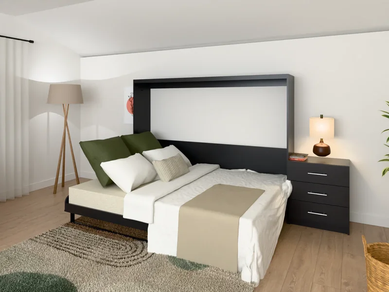 A horizontal Five Panel Murphy bed in Tricorn Black with chrome pulls, lowered and made up (rendered)