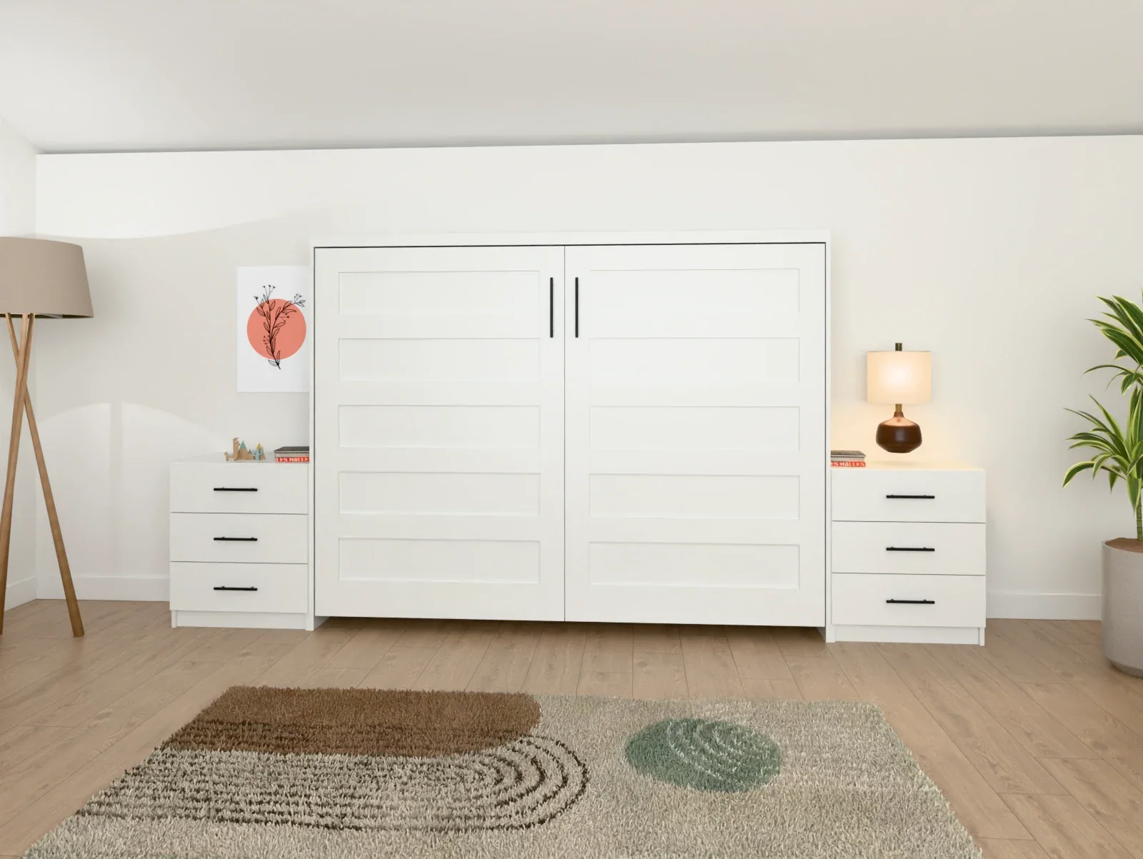 Pure White Five Panel Horizontal Murphy Bed, closed, between two side cabinets in a furnished bedroom (rendered)