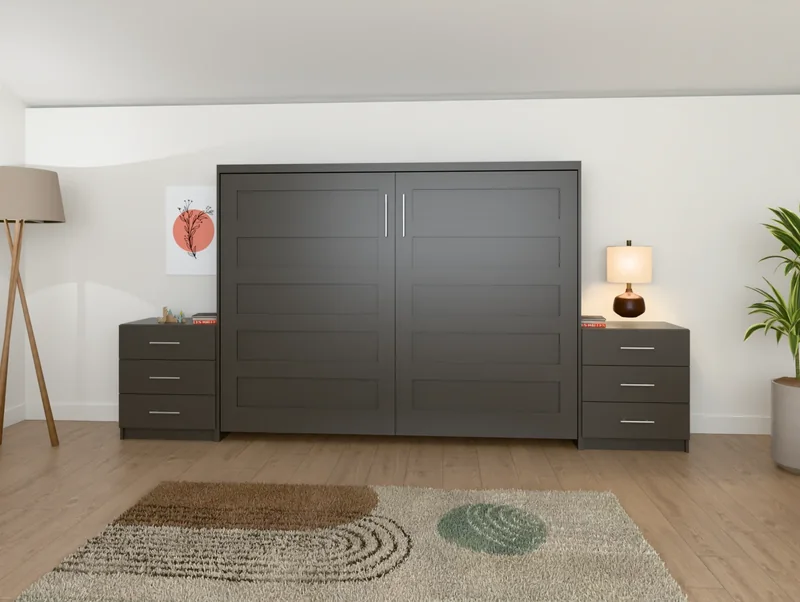 A horizontal Five Panel Murphy bed in Urbane Bronze, closed, between low side cabinets in a bedroom (rendered)