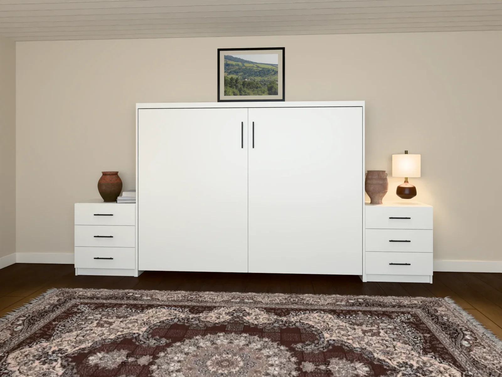 Pure White Slab Horizontal Murphy Bed, closed, between two side cabinets in a furnished bedroom (rendered)
