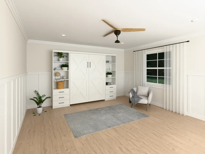 A vertical Barn Door X Murphy bed in Alabaster, closed, between side cabinets in a bedroom (rendered)