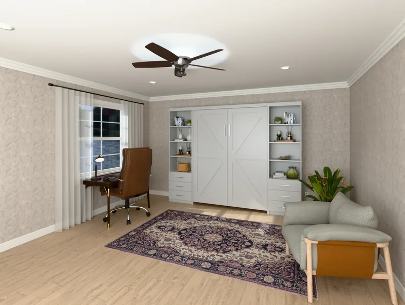 A vertical Barn Door Murphy bed in Light French Gray, closed, with the whole room around it (rendered)