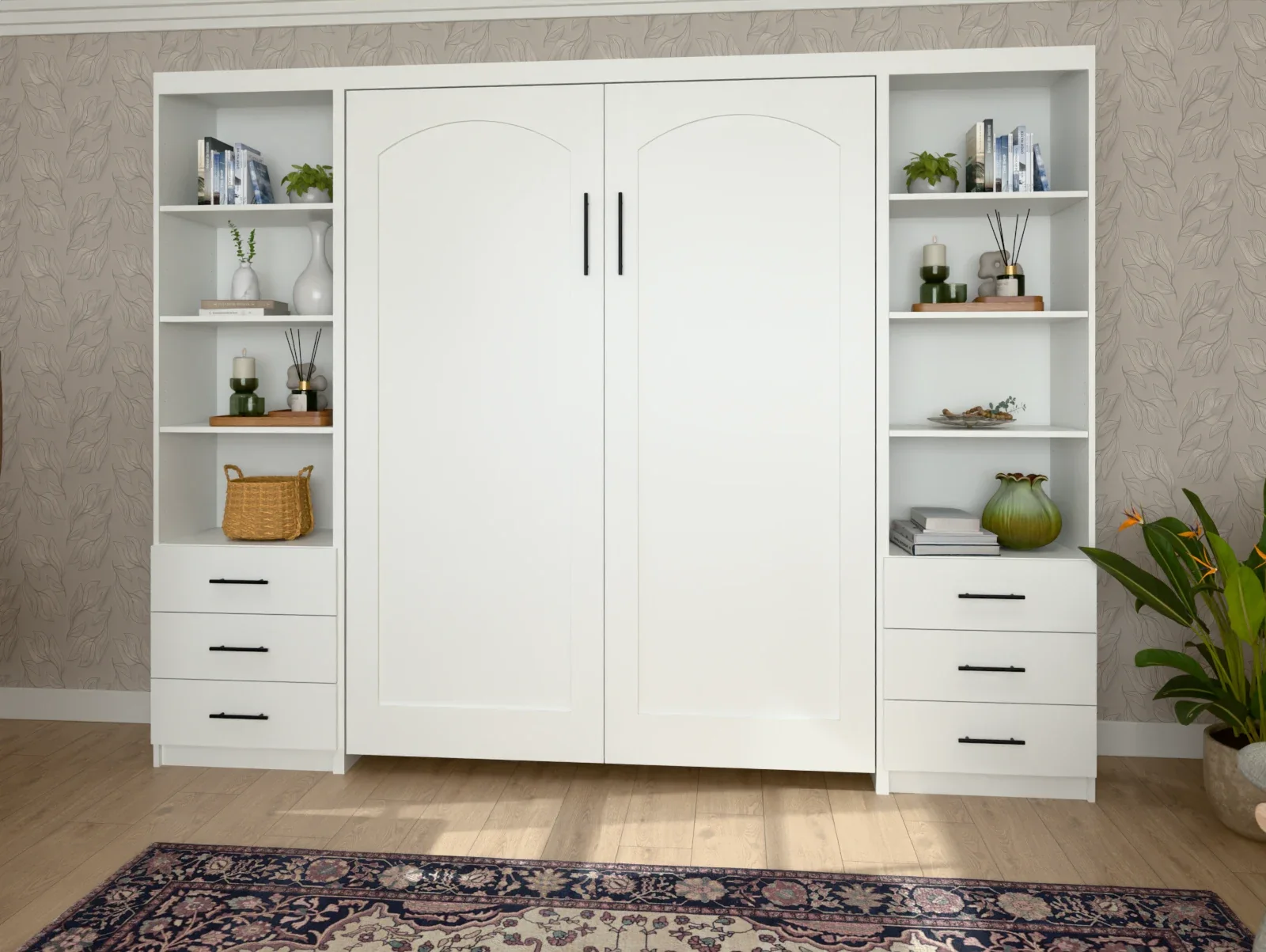 Pure White Double Shaker Arch Vertical Murphy Bed, closed, between two side cabinets in a furnished bedroom (rendered)