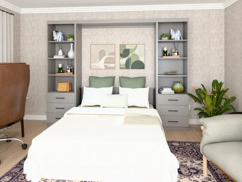 A vertical Double Shaker Murphy bed in Dovetail, down and made up with bedding, in a bedroom (rendered)