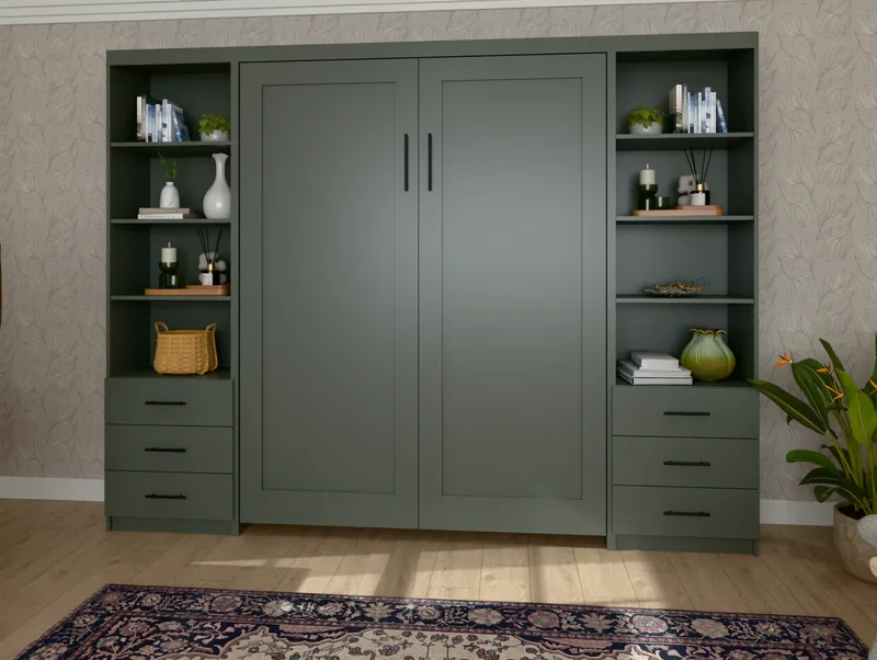 Vertical Double Shaker Murphy bed, closed, between two side cabinets in a furnished bedroom