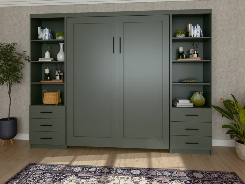 Vertical Double Shaker Murphy bed, closed, between two side cabinets in a furnished bedroom