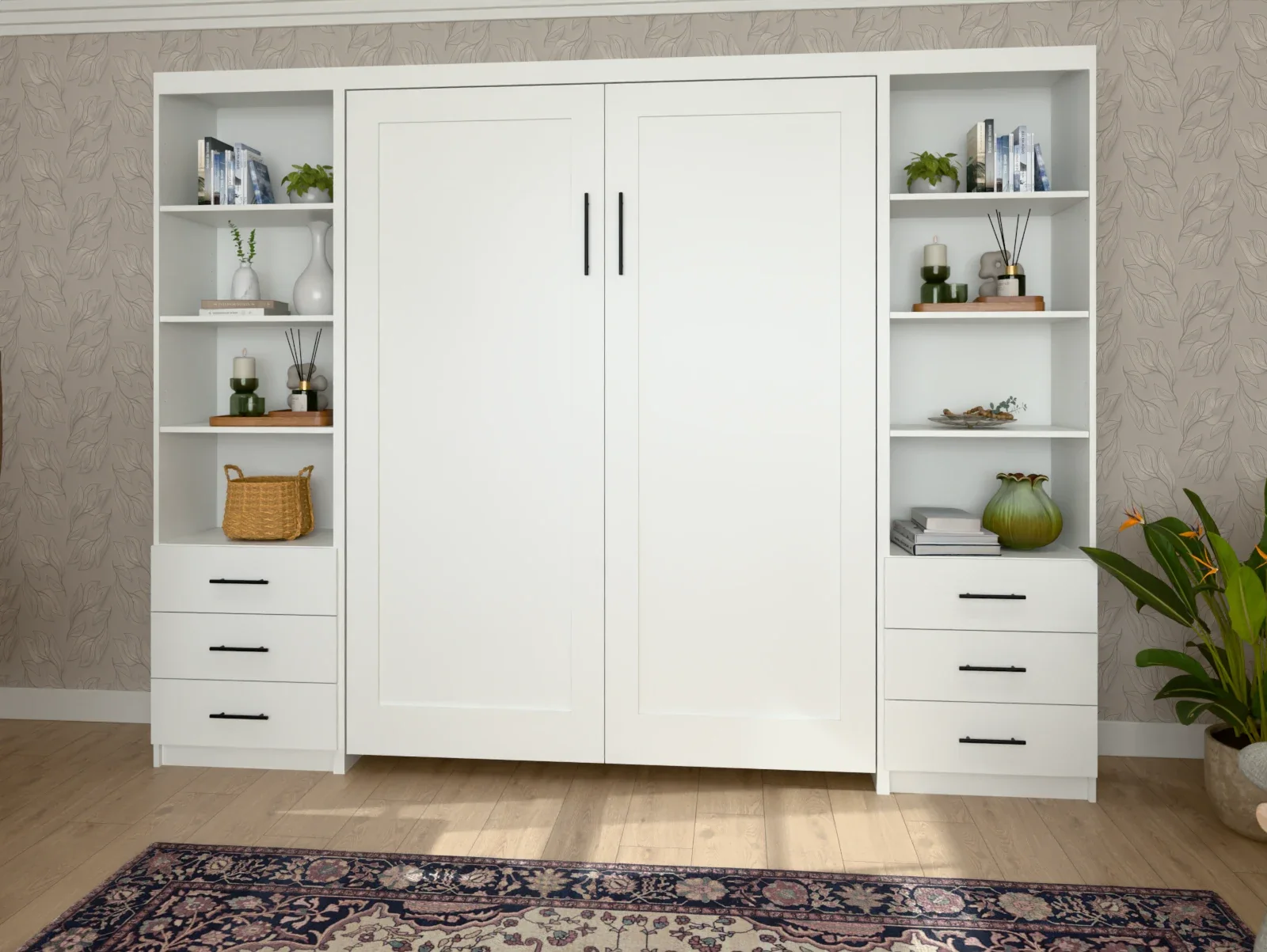 Pure White Double Shaker Vertical Murphy Bed, closed, between two side cabinets in a furnished bedroom (rendered)