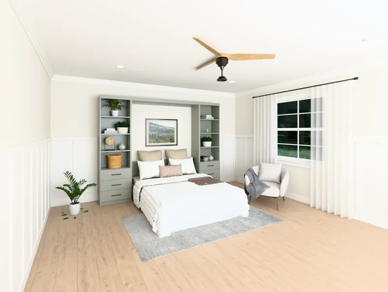 A vertical Five Panel Murphy bed in Evergreen Fog, lowered and made up, with the whole room around it (rendered)
