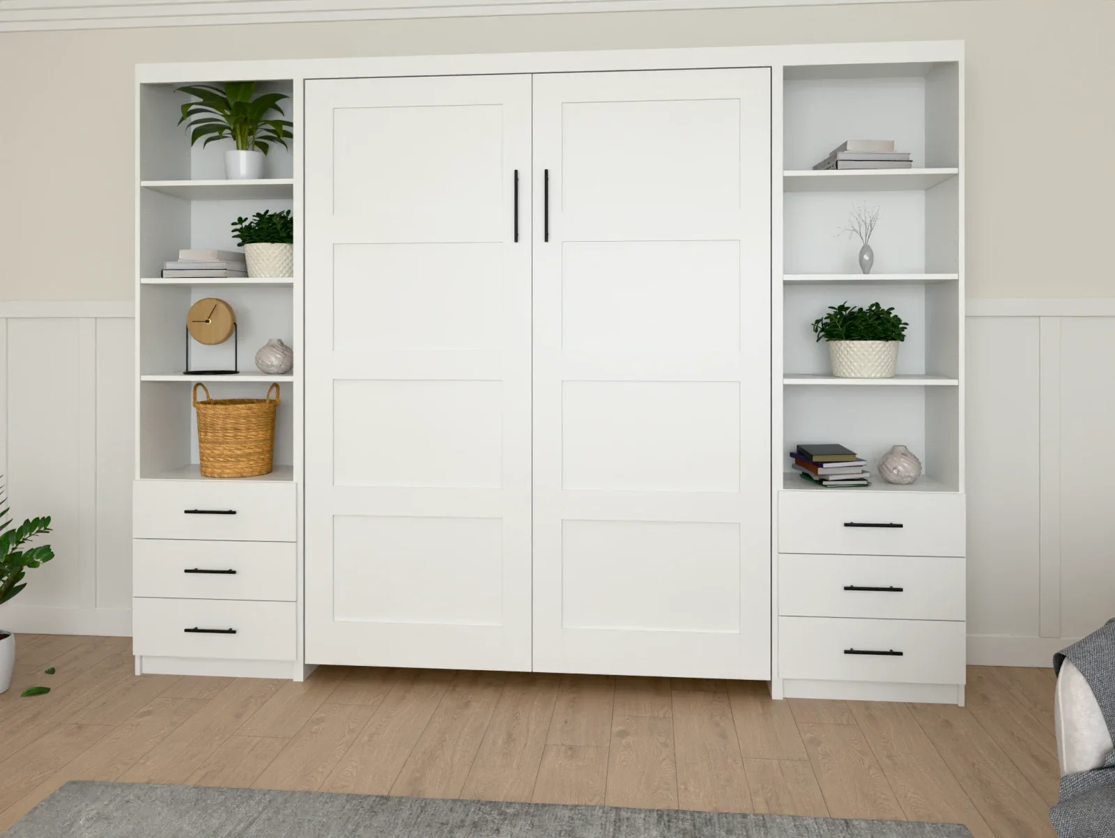 Pure White Four Panel Vertical Murphy Bed, closed, between two side cabinets in a furnished bedroom (rendered)
