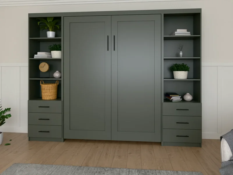 Vertical Shaker Murphy bed, closed, between two side cabinets in a furnished bedroom