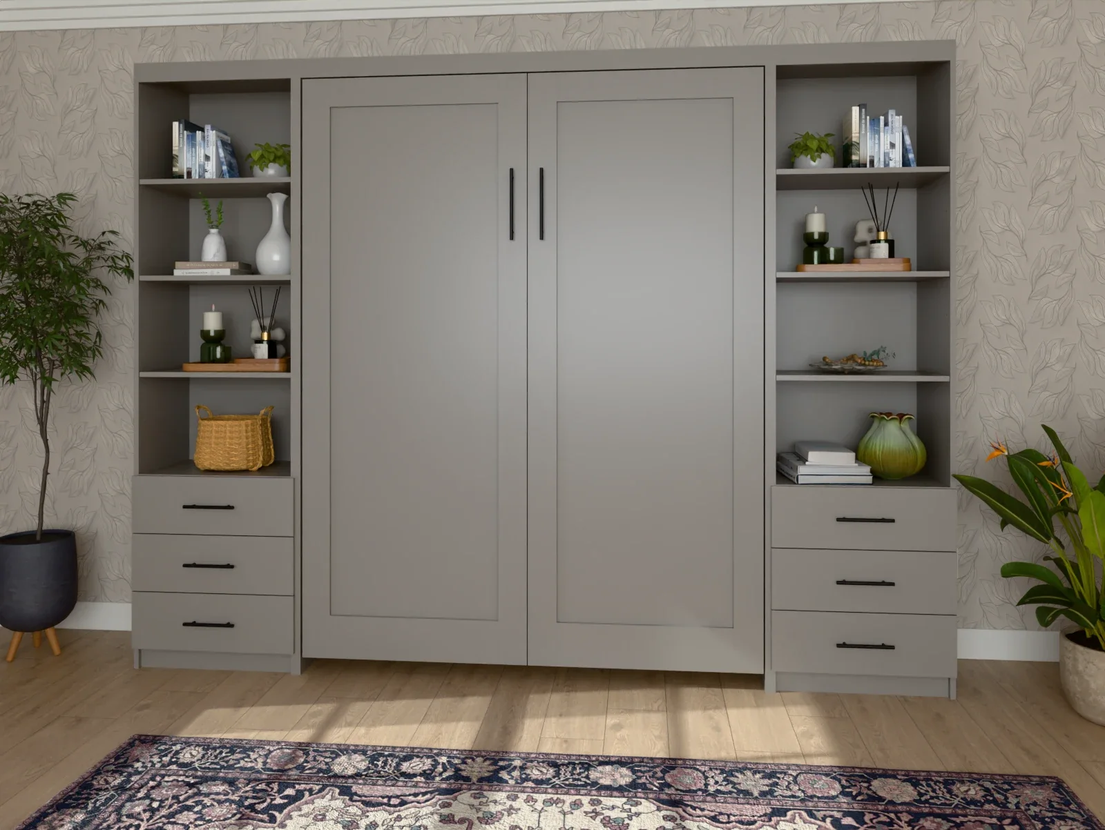 A Vertical Shaker Murphy bed in Dovetail, closed, between two side cabinets.