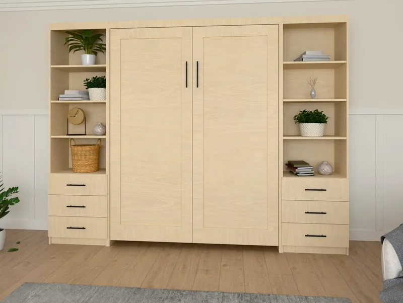 A vertical Shaker Murphy bed in unfinished maple, closed, in a bedroom (rendered)