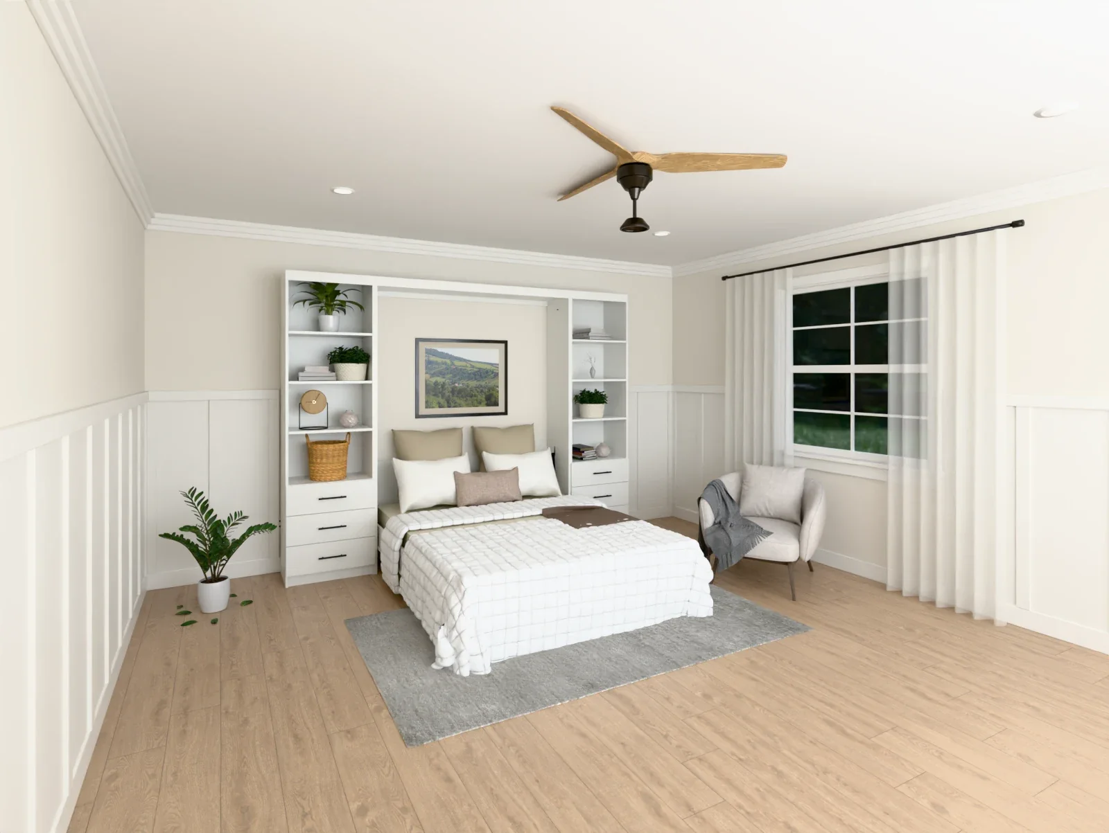 A vertical Shaker Murphy bed in Pure White, down and made up in a bedroom (rendered)