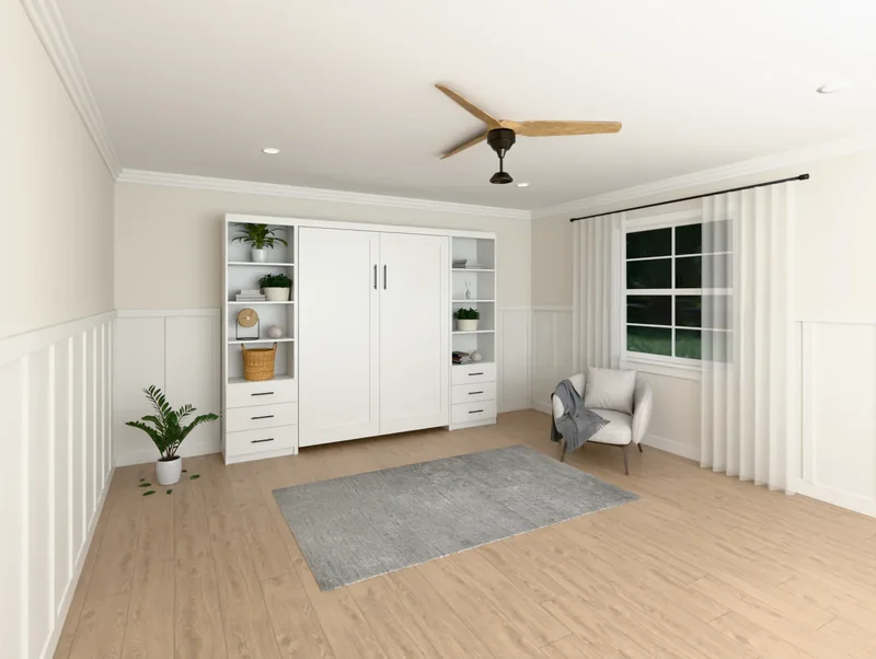 A vertical Queen Shaker Murphy bed in Pure White, closed, between side cabinets in a bedroom (rendered)