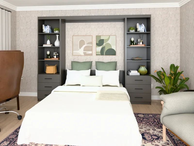 A vertical Slab Murphy bed in Urbane Bronze, lowered and made up between side cabinets (rendered)