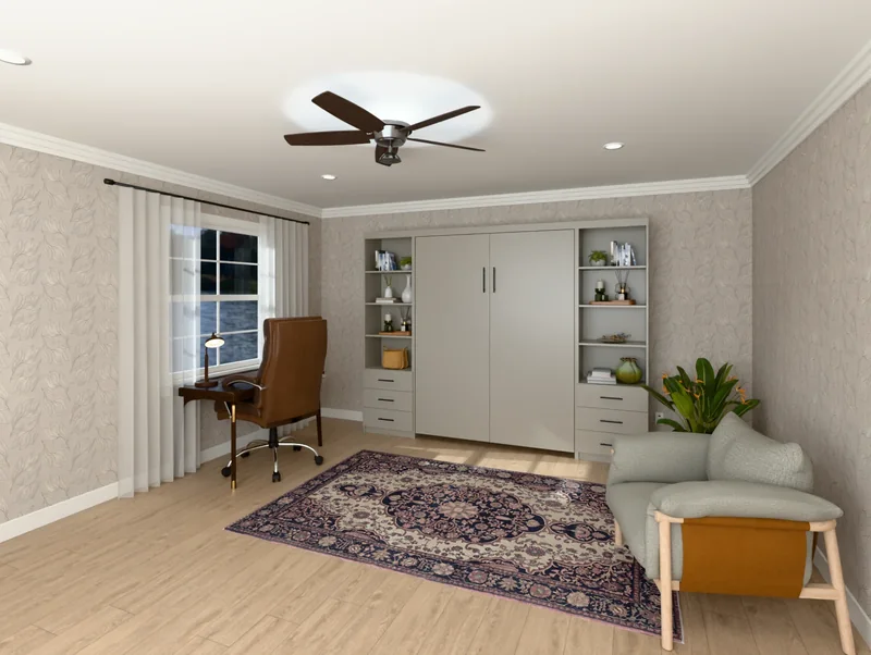 A vertical Slab Murphy bed in Fawn Brindle, closed, against a bedroom wall with side cabinets (rendered)