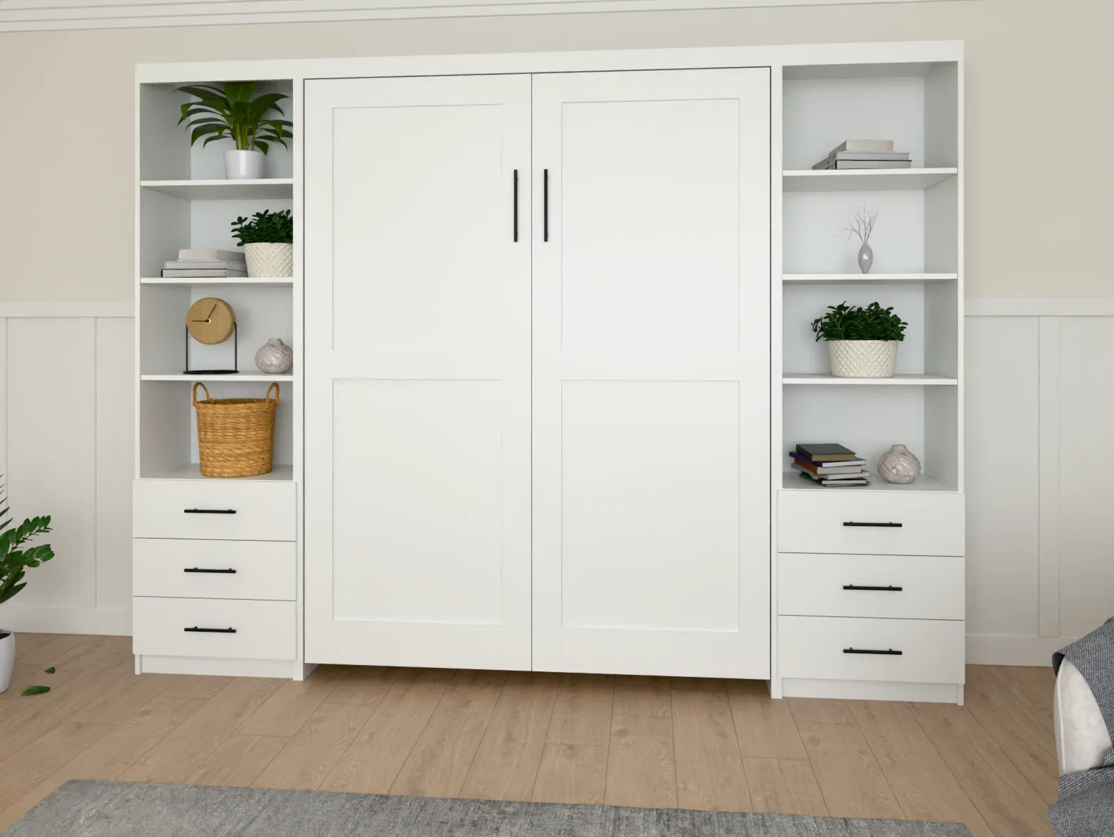 Pure White Two Panel Vertical Murphy Bed, closed, between two side cabinets in a furnished bedroom (rendered)