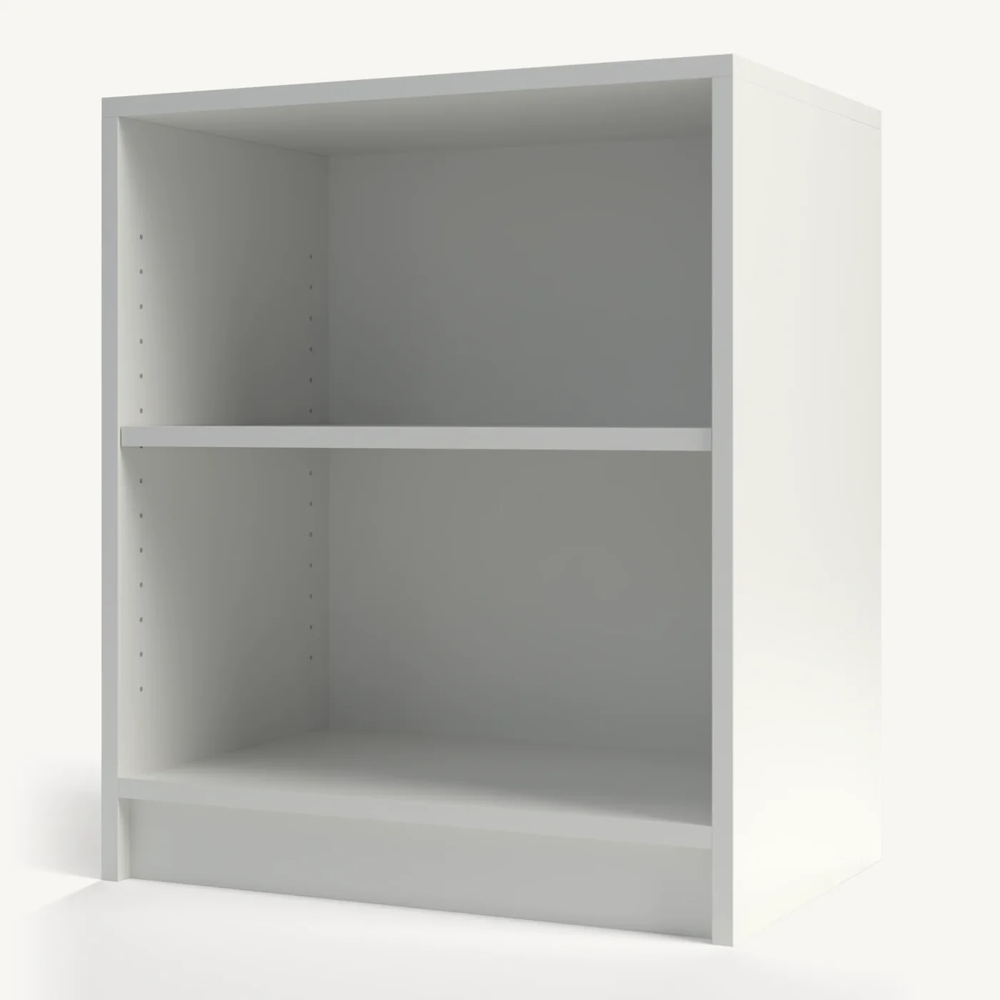Pure White Open Shelves Horizontal Side Cabinet, shut, three-quarter view (rendered)