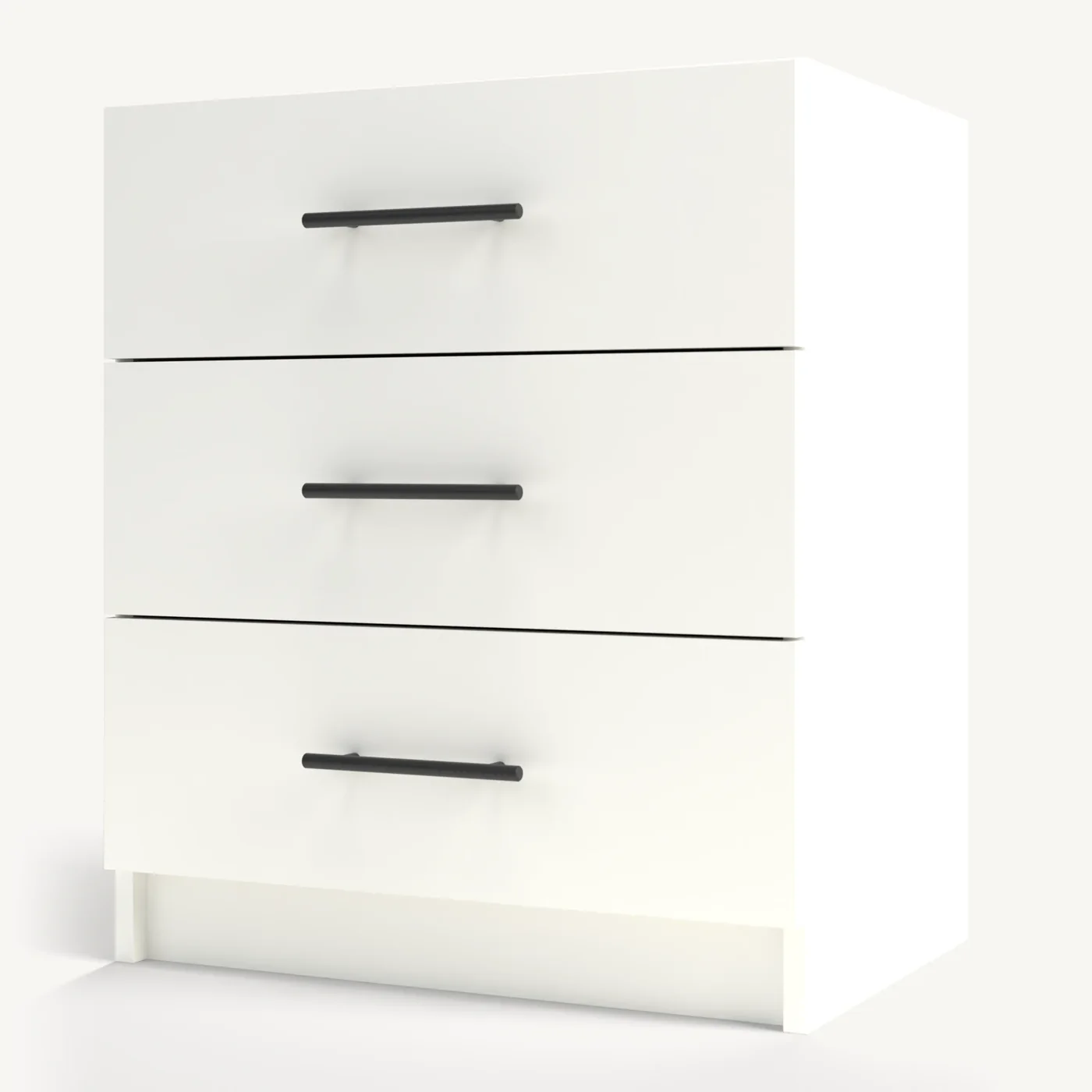 Pure White Three Drawers Horizontal Side Cabinet, shut, three-quarter view (rendered)