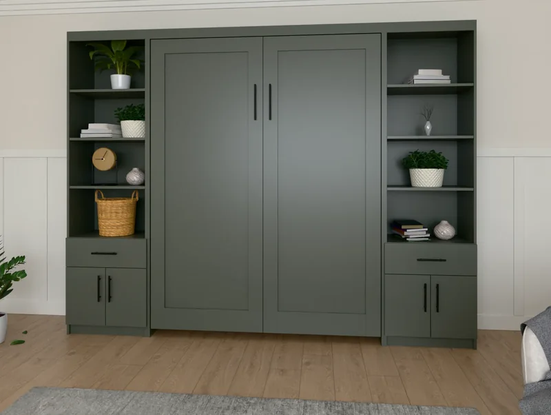 A pair of Vertical Doors with a Drawer Over side cabinets either side of a Vertical Shaker Murphy bed in a furnished bedroom