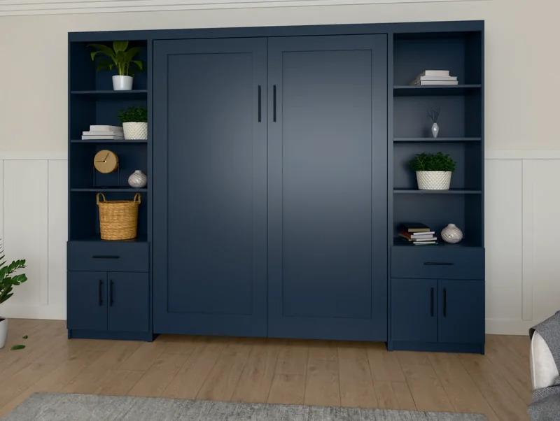 Two tall drawer-over-doors side cabinets in Naval, either side of a vertical Murphy bed in a bedroom (rendered)