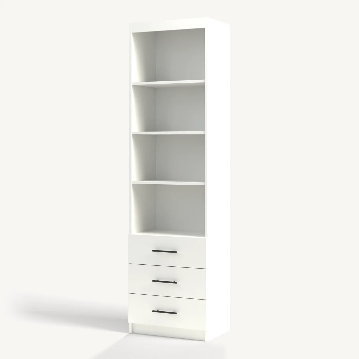Pure White Three Drawers Vertical Side Cabinet, shut, three-quarter view (rendered)